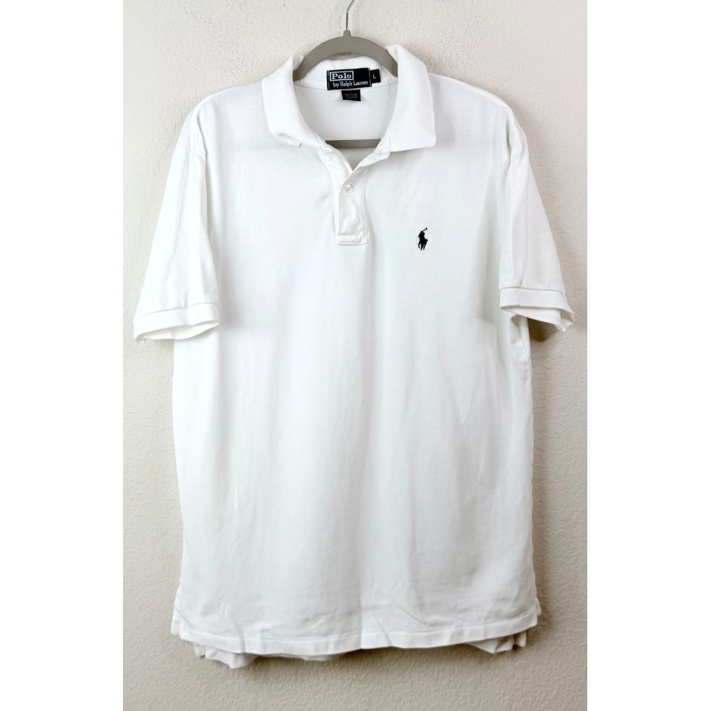 Polo Ralph Lauren Men's L White Cotton Pique Polo Shirt Navy Pony Hong Kong